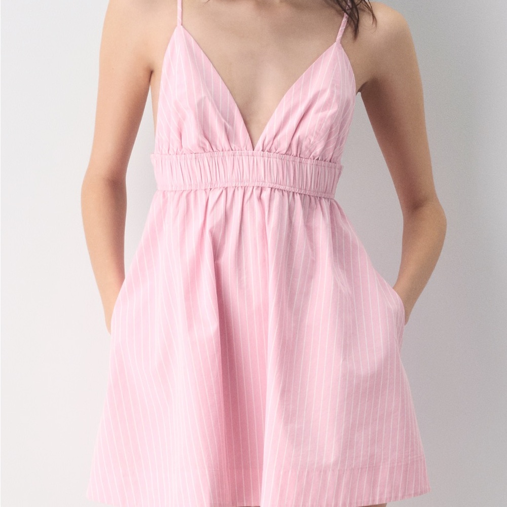 Aritzia Pink Pinstripe V-Neck Spaghetti Strap Mini